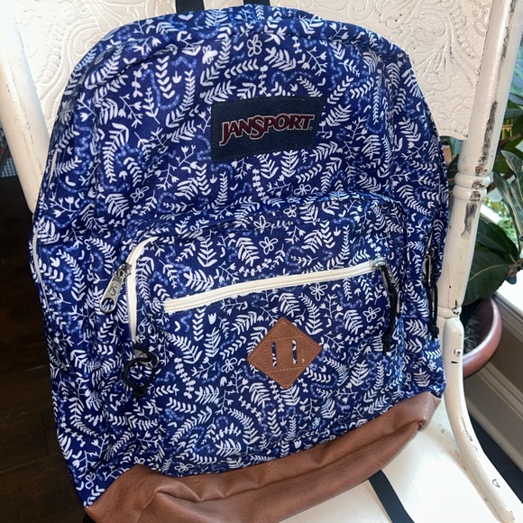 Jansport Navy and White Leaf Print Backpack - Picture 1 of 2